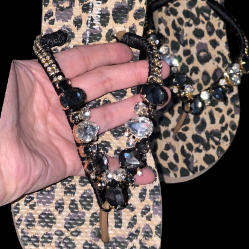 Newly Decorated Leopard Beach Flip Flops, Rhinestones, Shoes, Bridal Sandals